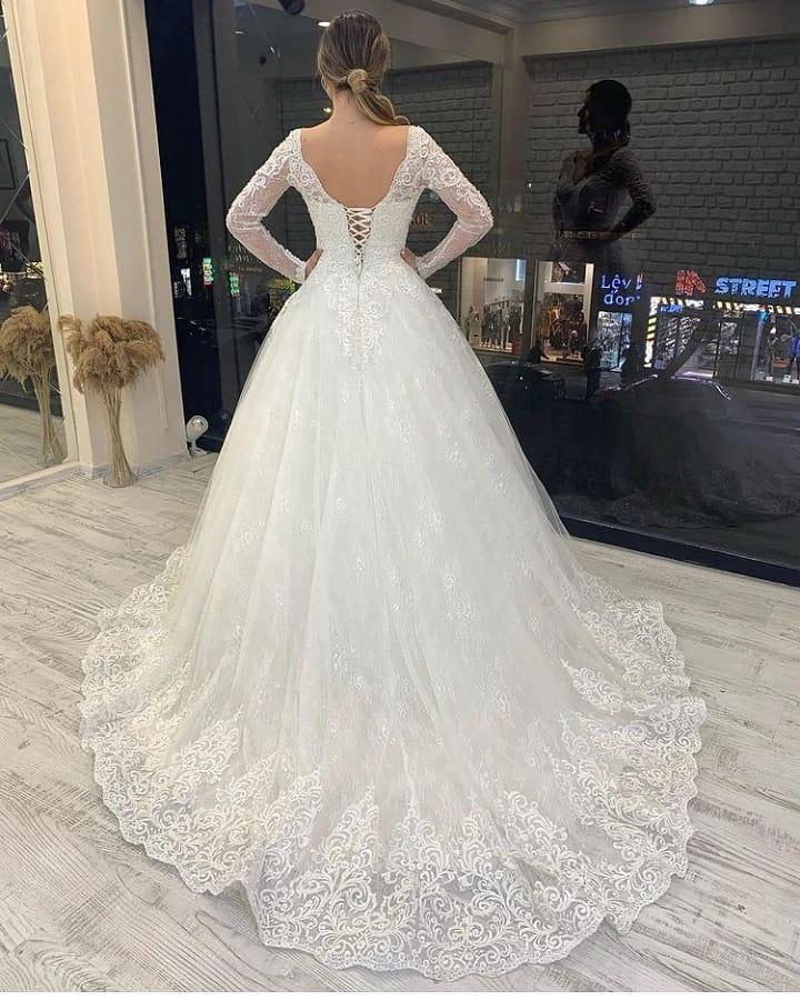 Long Sleeve A-Line V-neck Appliques Lace Backless Tulle Wedding Dress by BIZTUNNEL
