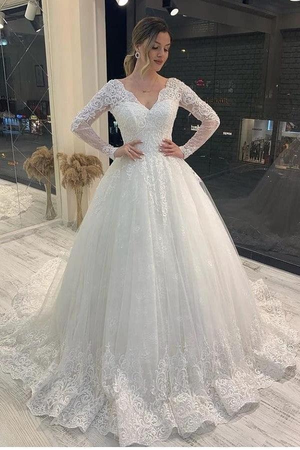 Long Sleeve A-Line V-neck Appliques Lace Backless Tulle Wedding Dress by BIZTUNNEL