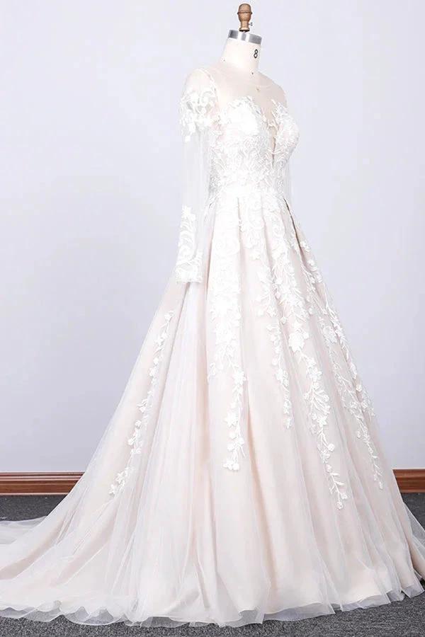 Long Sleeve Appliques Lace Tulle A-line Wedding Dress by BIZTUNNEL