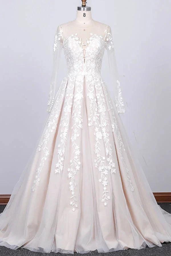Long Sleeve Appliques Lace Tulle A-line Wedding Dress by BIZTUNNEL