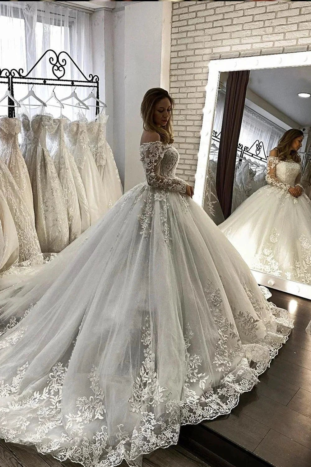 Long Sleeve Ball Gown Off The Shoulder Illusion Wedding Dress by BIZTUNNEL