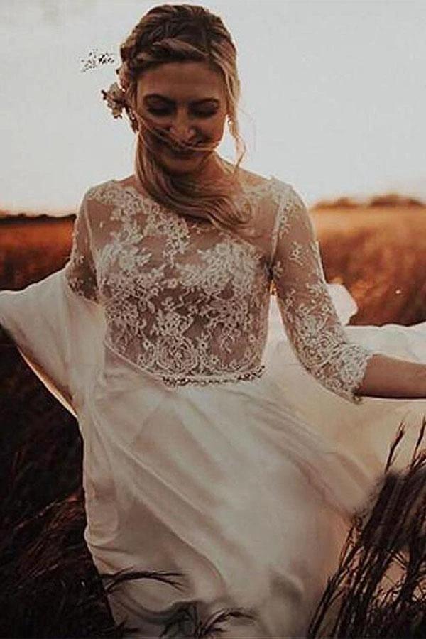 Long Sleeve Bateau See-through Bodice A-line Wedding Dress WD406 by pgmdress