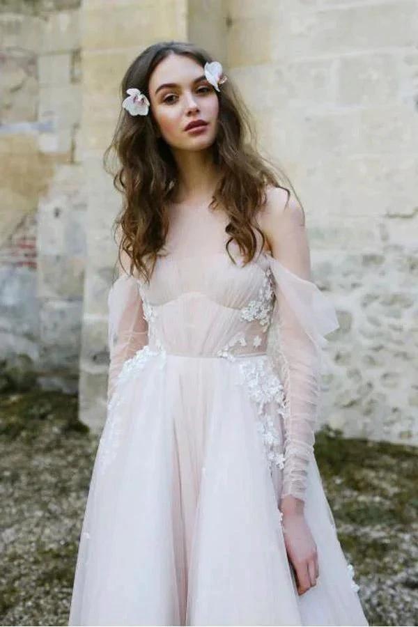 Long Sleeve Beach Wedding Dresses Cold Shoulder Boho Rustic Wedding Dress WD448 by pgmdress