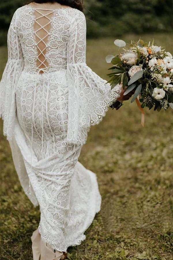 Long Sleeve Lace Wedding Dresses Lace Up Back Beach Wedding Dress WD547 by pgmdress