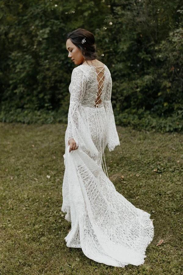 Long Sleeve Lace Wedding Dresses Lace Up Back Beach Wedding Dress WD547 by pgmdress