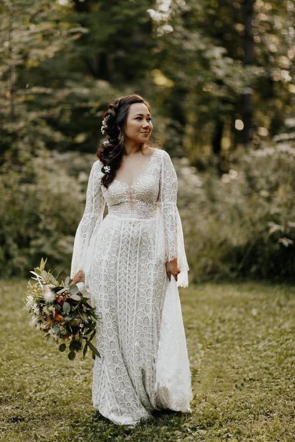 Long Sleeve Lace Wedding Dresses Lace Up Back Beach Wedding Dress WD547 by pgmdress