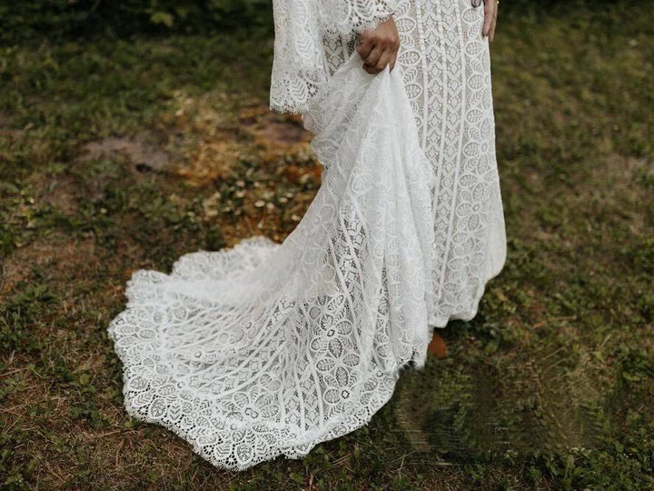 Long Sleeve Lace Wedding Dresses Lace Up Back Beach Wedding Dress WD547 by pgmdress