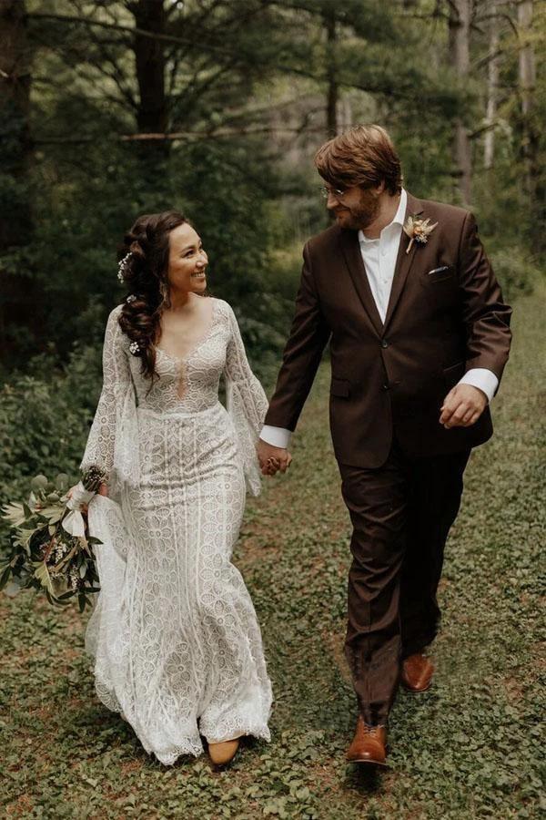 Long Sleeve Lace Wedding Dresses Lace Up Back Beach Wedding Dress WD547 by pgmdress
