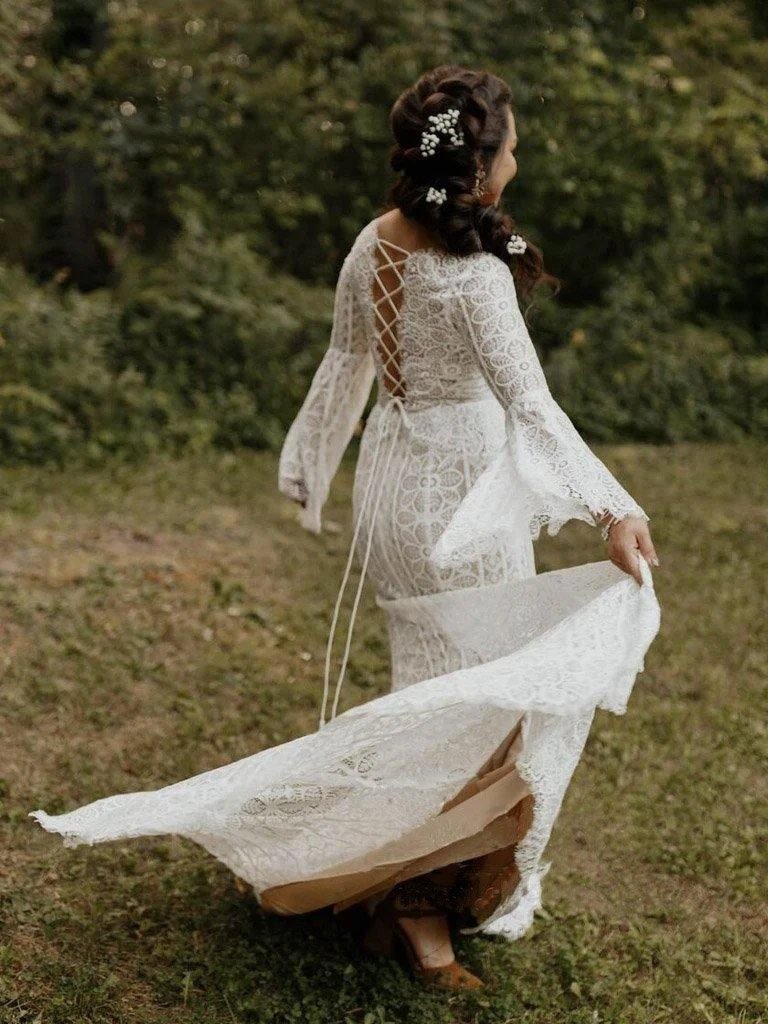 Long Sleeve Lace Wedding Dresses Lace Up Back Beach Wedding Dress WD547 by pgmdress
