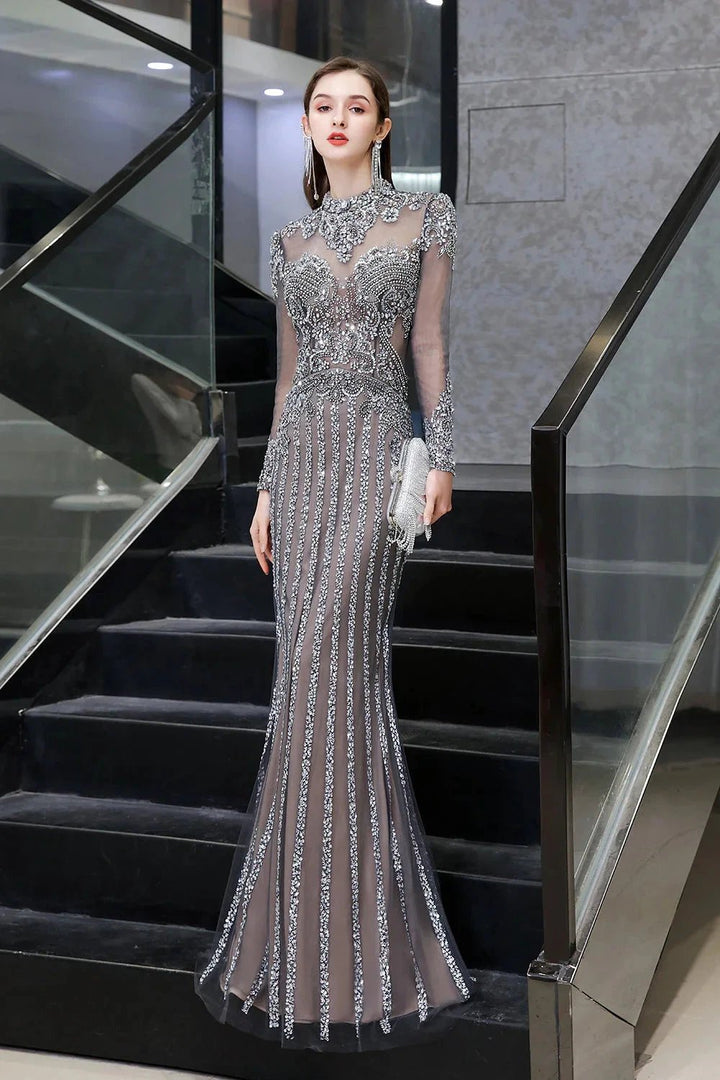Long Sleeve Mermaid Sequins High-Neck Evening Gowns by BIZTUNNEL