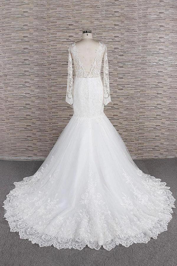 Long Sleeve Mermaid Sweetheart Appliques Lace Backless Wedding Dress by BIZTUNNEL