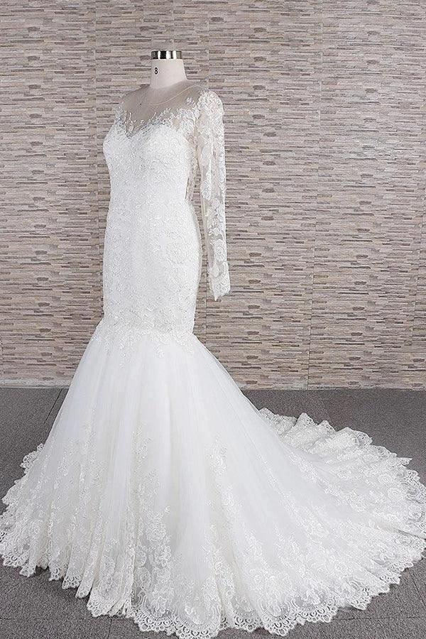 Long Sleeve Mermaid Sweetheart Appliques Lace Backless Wedding Dress by BIZTUNNEL