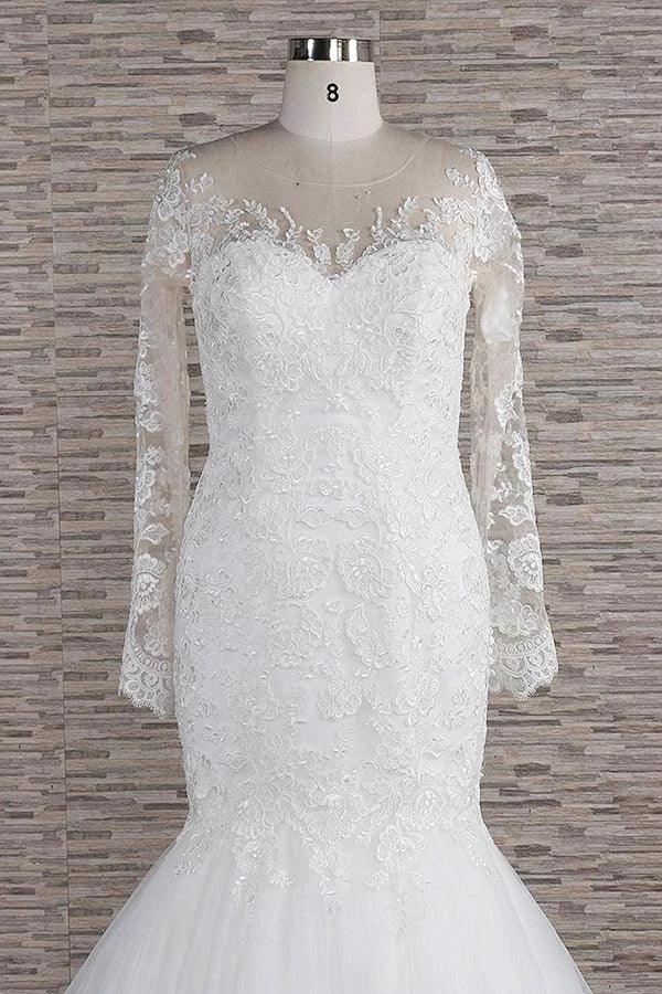Long Sleeve Mermaid Sweetheart Appliques Lace Backless Wedding Dress by BIZTUNNEL