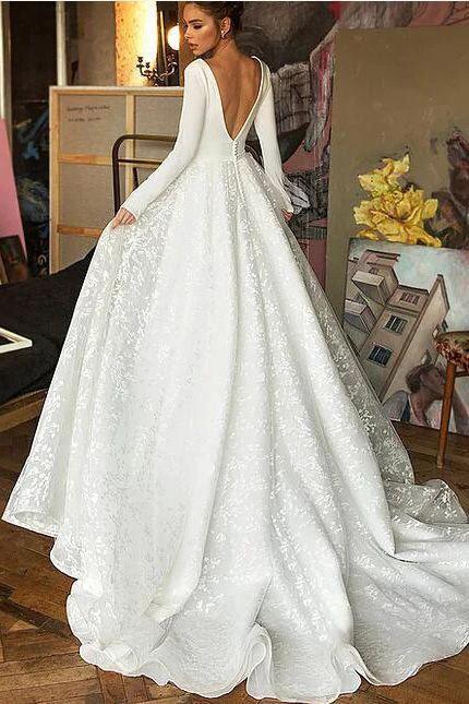 Long Sleeve V-neck Boho Bridal Gowns Satin Backless Lace Wedding Dress by BIZTUNNEL
