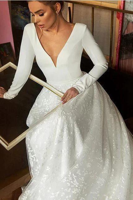 Long Sleeve V-neck Boho Bridal Gowns Satin Backless Lace Wedding Dress by BIZTUNNEL