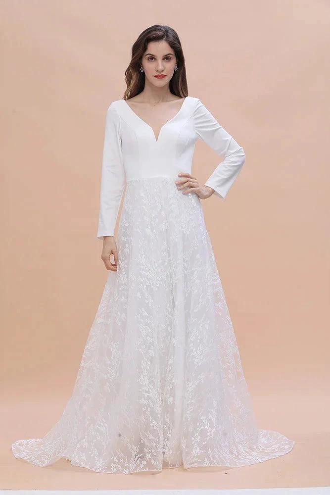 Long Sleeve V-neck Boho Bridal Gowns Satin Backless Lace Wedding Dress by BIZTUNNEL
