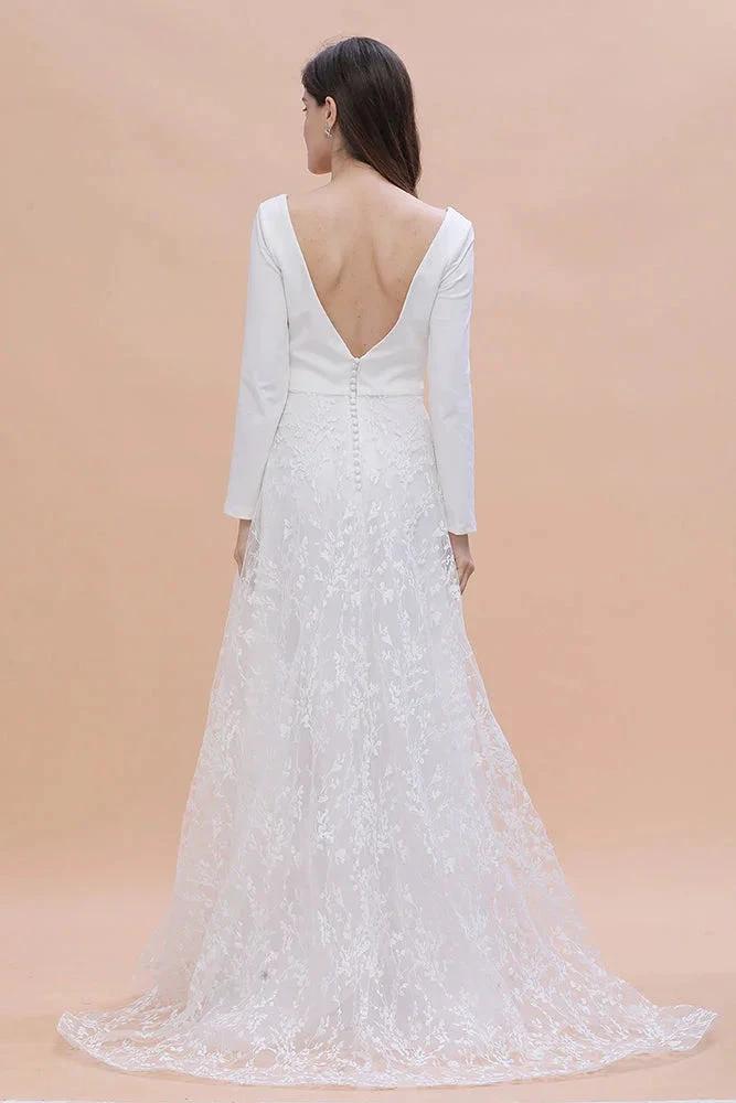 Long Sleeve V-neck Boho Bridal Gowns Satin Backless Lace Wedding Dress by BIZTUNNEL
