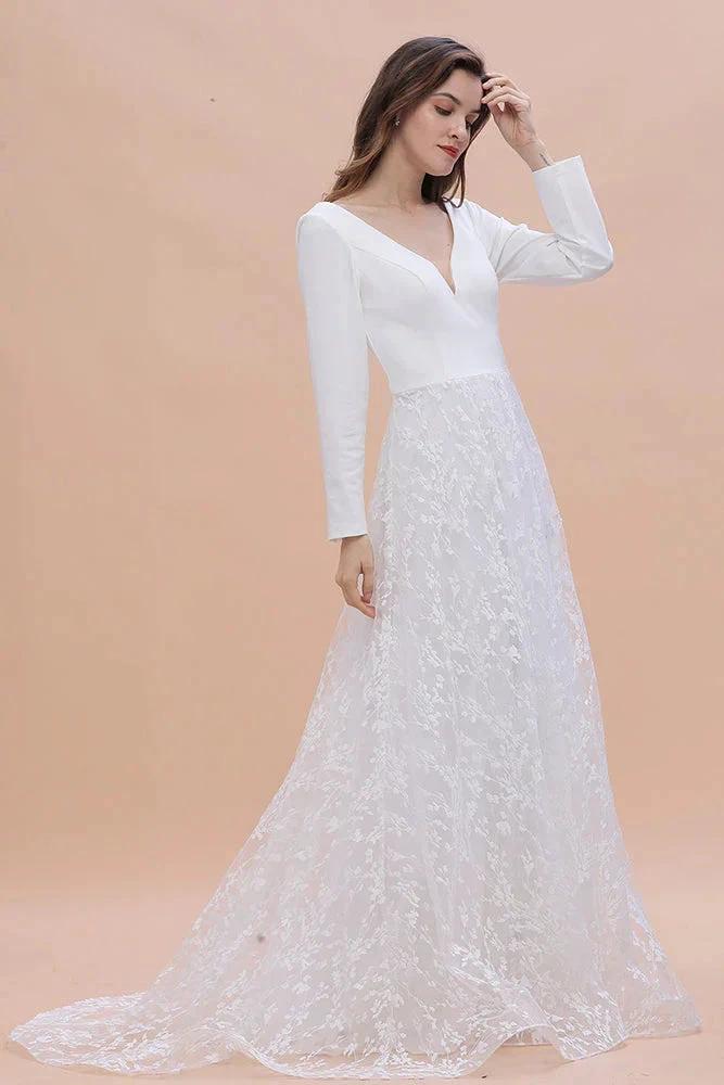 Long Sleeve V-neck Boho Bridal Gowns Satin Backless Lace Wedding Dress by BIZTUNNEL