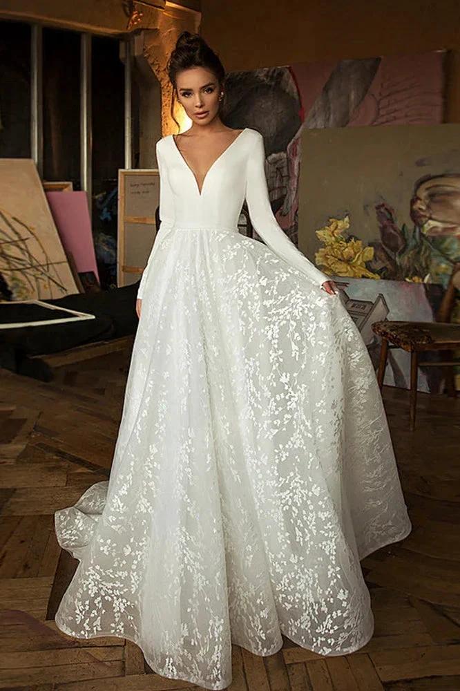 Long Sleeve V-neck Boho Bridal Gowns Satin Backless Lace Wedding Dress by BIZTUNNEL