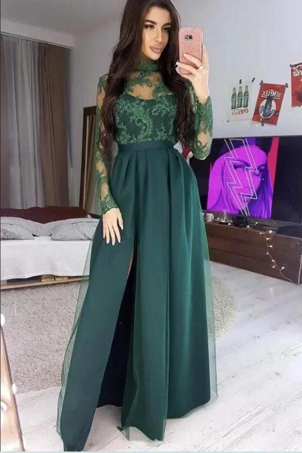 Long Sleeves A-line High neck Satin Prom Dress with Slit by BIZTUNNEL