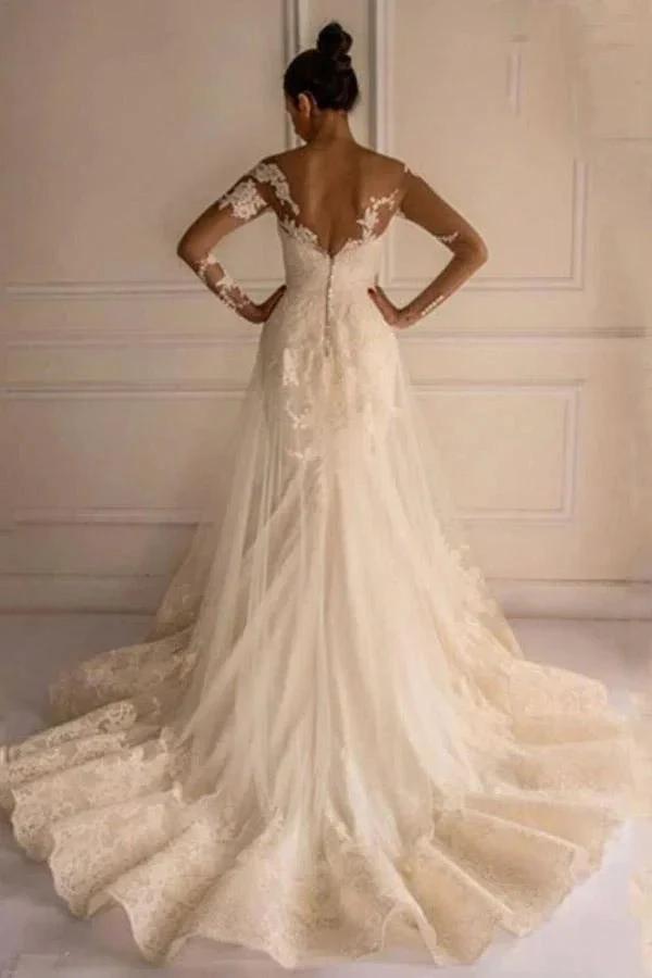 Long Sleeves Appliques Button Floor-Length Mermaid Wedding Dress WD151 by pgmdress