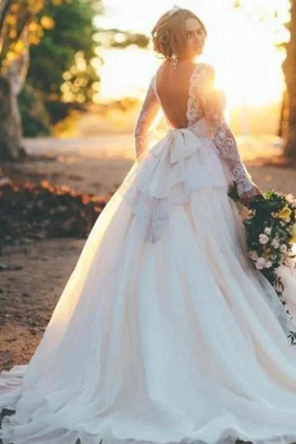 Long Sleeves Ball Gown Organza Wedding Dress with Beading Lace Top WD164 by pgmdress