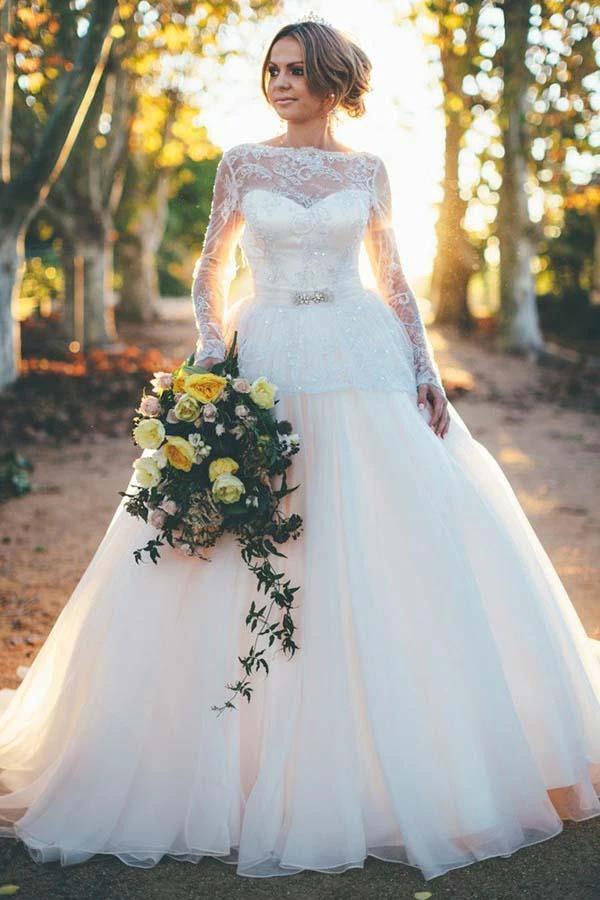 Long Sleeves Ball Gown Organza Wedding Dress with Beading Lace Top WD164 by pgmdress