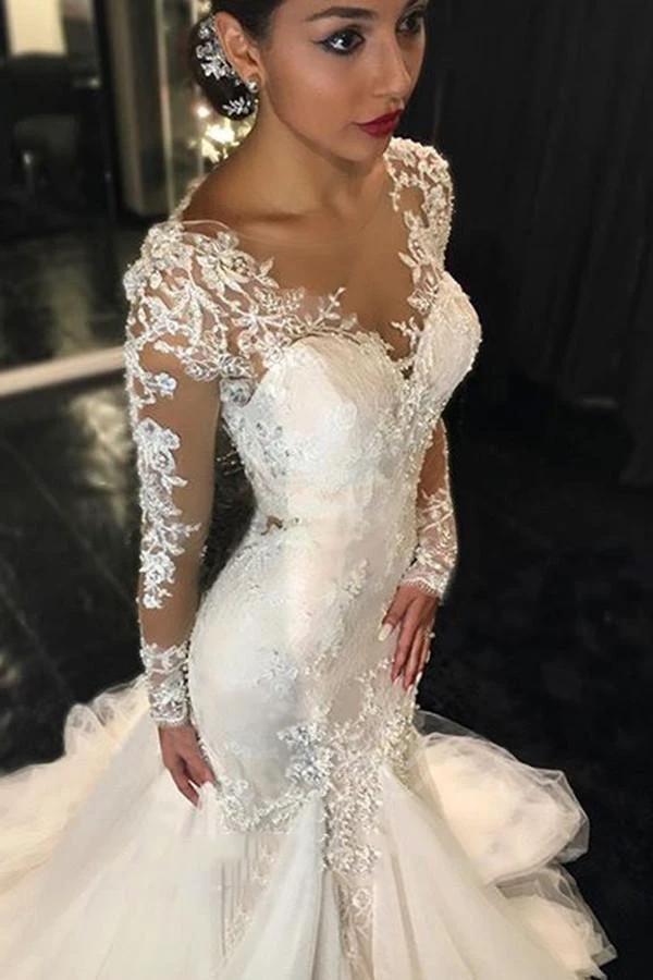 Long Sleeves Court Train Ivory Wedding Dress With Lace Appliques WD037 by pgmdress