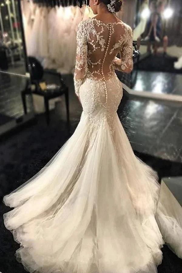 Long Sleeves Court Train Ivory Wedding Dress With Lace Appliques WD037 by pgmdress