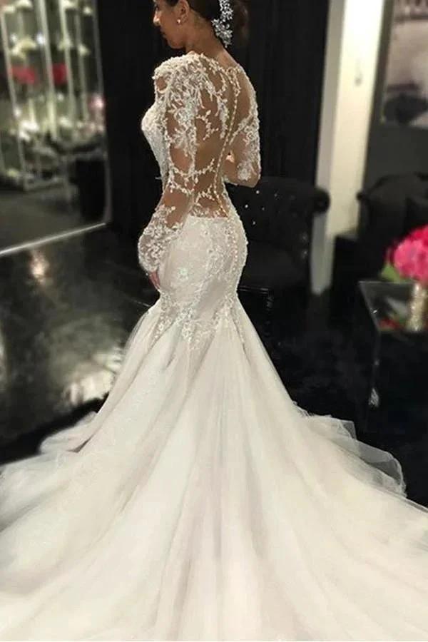 Long Sleeves Court Train Ivory Wedding Dress With Lace Appliques WD037 by pgmdress