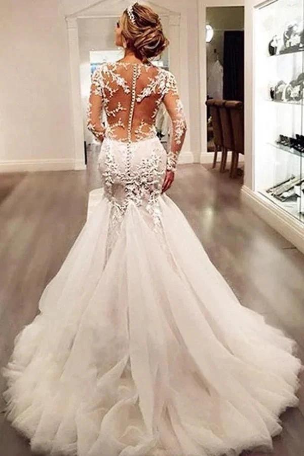 Long Sleeves Court Train Ivory Wedding Dress With Lace Appliques WD037 by pgmdress