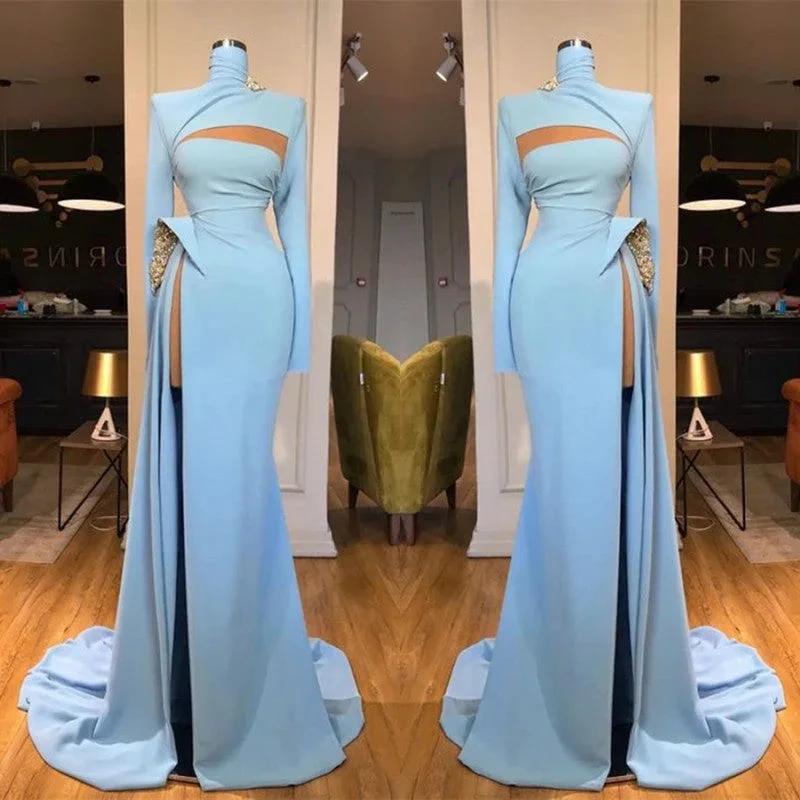 Long Sleeves High Neck Mermaid Prom Dress Long With Slit by misshow.com