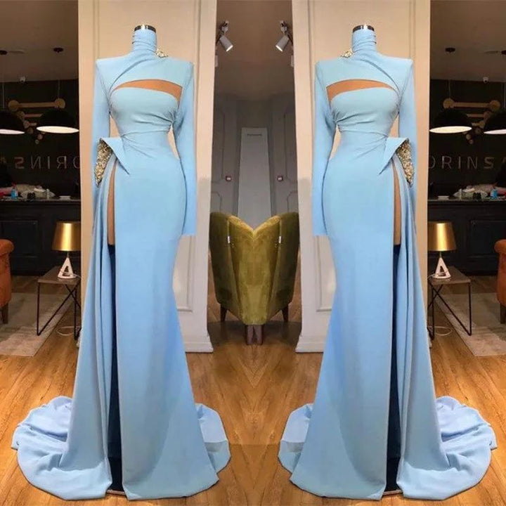 Long Sleeves High Neck Mermaid Prom Dress Long With Slit by misshow.com
