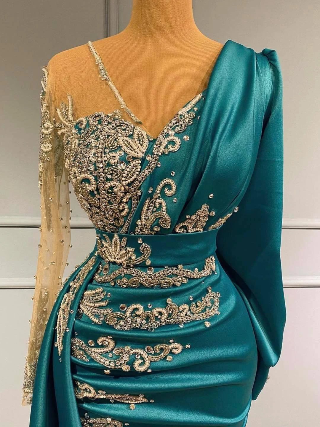 Long Sleeves Mermaid V-neck Satin Prom Dress with Side Swept Wrap by BIZTUNNEL