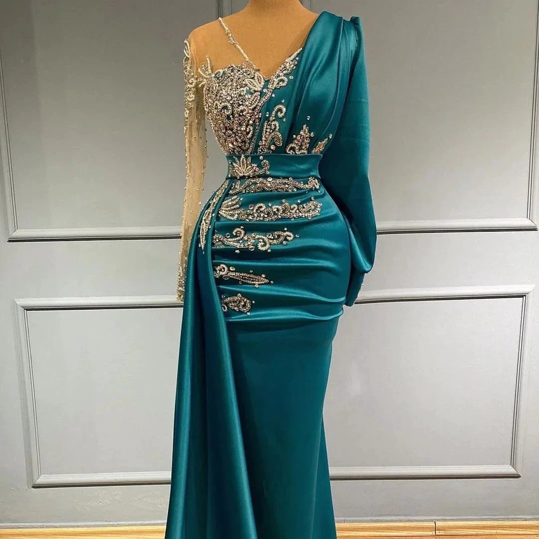 Long Sleeves Mermaid V-neck Satin Prom Dress with Side Swept Wrap by BIZTUNNEL