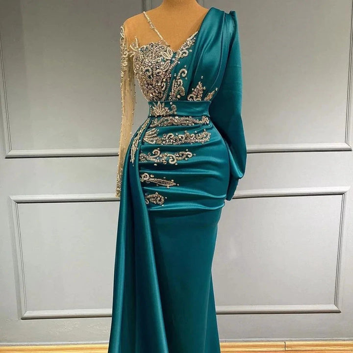 Long Sleeves Mermaid V-neck Satin Prom Dress with Side Swept Wrap by BIZTUNNEL