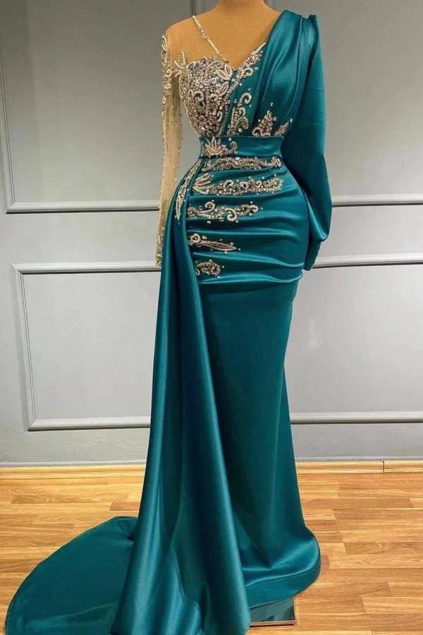 Long Sleeves Mermaid V-neck Satin Prom Dress with Side Swept Wrap by BIZTUNNEL