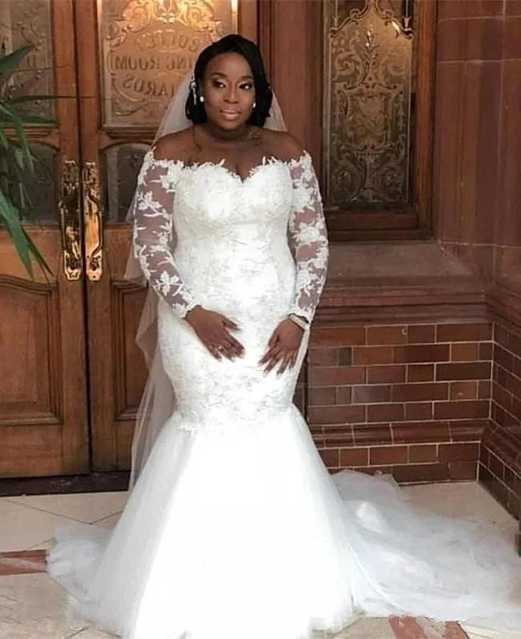 Long Sleeves Off-the-Shoulder Mermaid Lace Wedding Dress by misshow.com