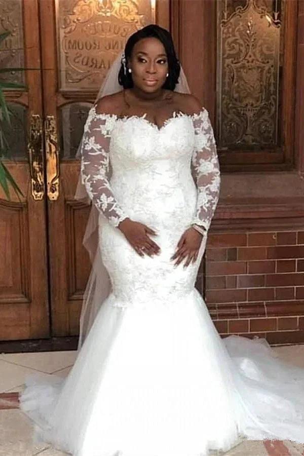 Long Sleeves Off-the-Shoulder Mermaid Lace Wedding Dress by misshow.com