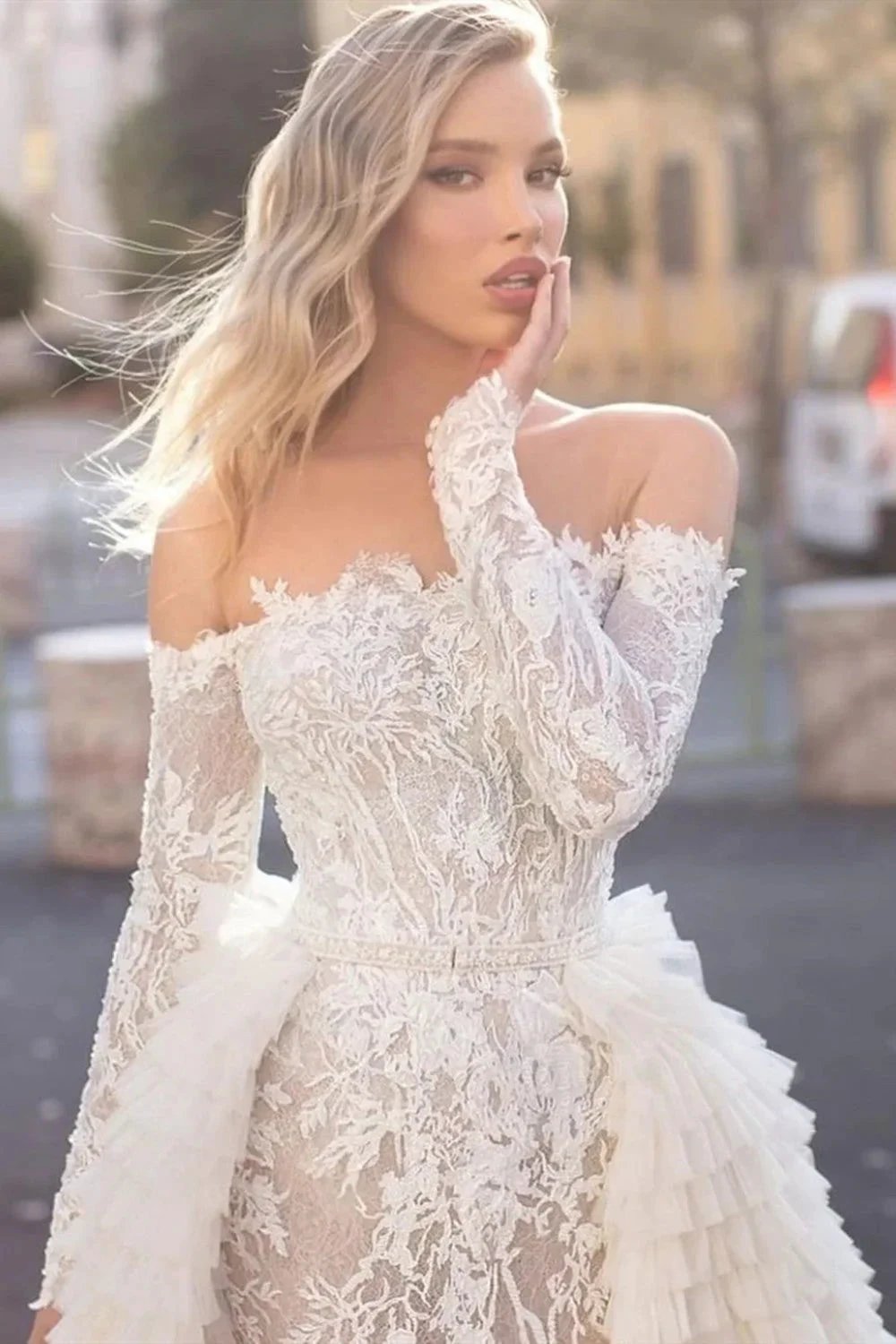 Long Sleeves Off the Shoulder Mermaid Wedding Dress With Train by BIZTUNNEL