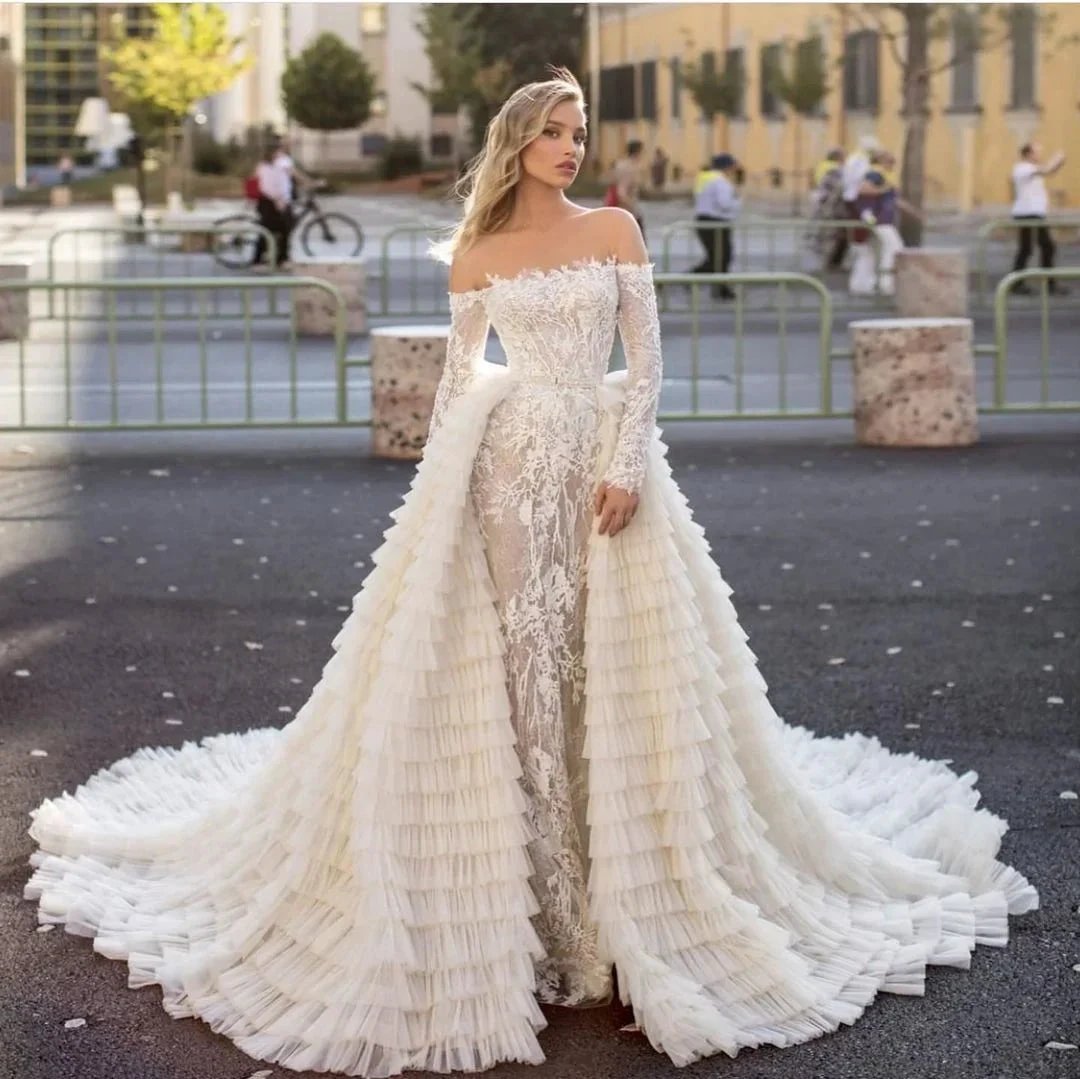 Long Sleeves Off the Shoulder Mermaid Wedding Dress With Train by BIZTUNNEL