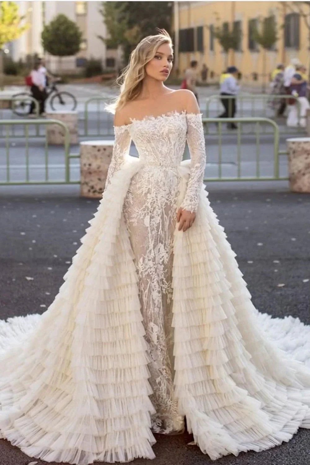 Long Sleeves Off the Shoulder Mermaid Wedding Dress With Train by BIZTUNNEL