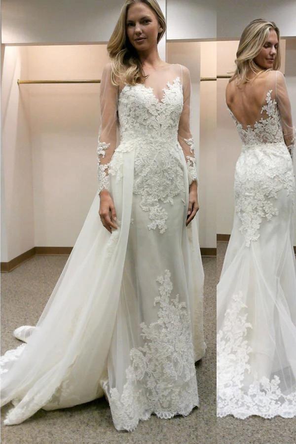 Long Sleeves Sheath Wedding Dress with Lace Detachable Train WD060 by pgmdress