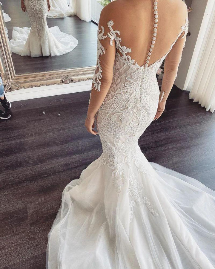 Long Sleeves V-Neck Lace Mermaid Wedding Dress On Sale by misshow.com