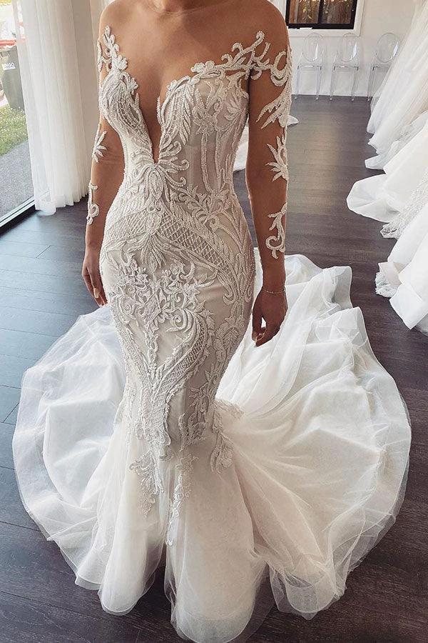 Long Sleeves V-Neck Lace Mermaid Wedding Dress On Sale by misshow.com