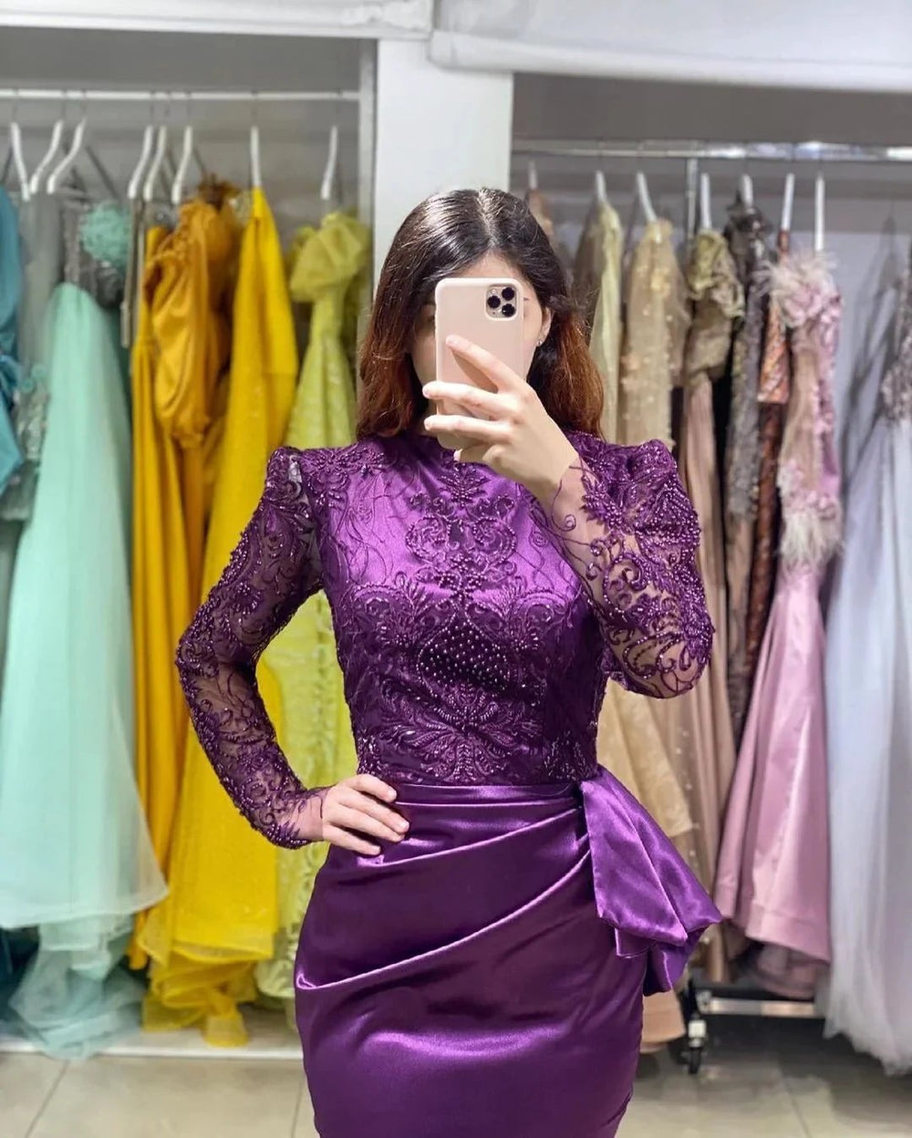 Long Stretch Satin Jewel Lace Mermaid Prom Dress with Sleeves by BIZTUNNEL