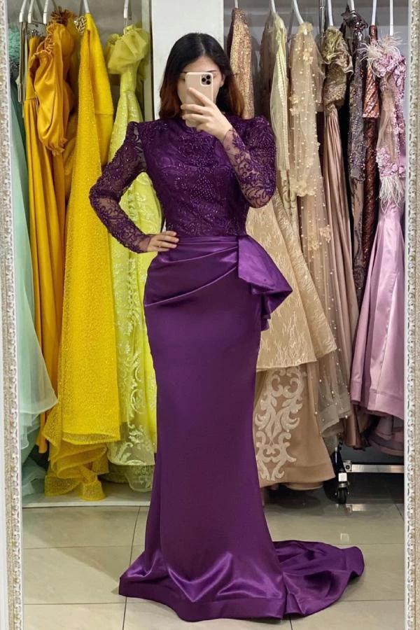 Long Stretch Satin Jewel Lace Mermaid Prom Dress with Sleeves by BIZTUNNEL
