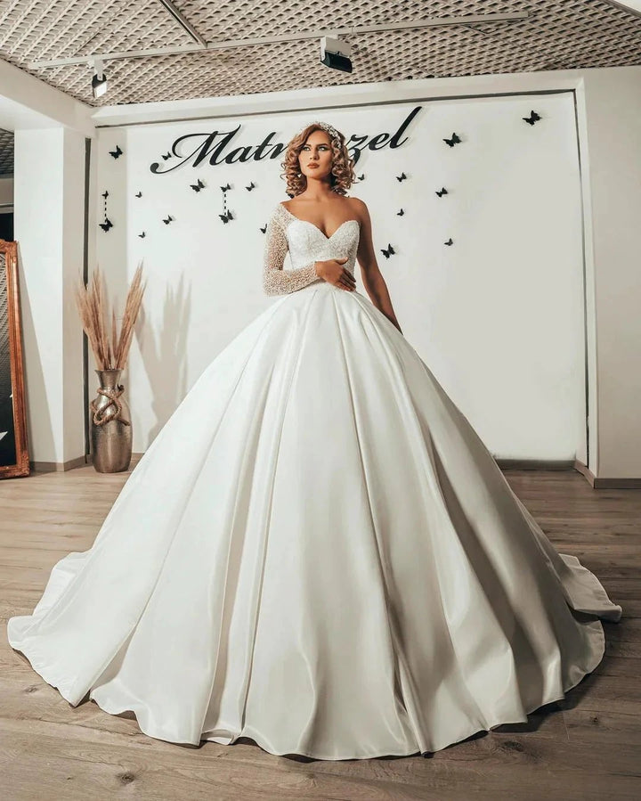 Long Sweetheart Satin Ruffles Ball Gown Wedding Dress with Sleeves by BIZTUNNEL