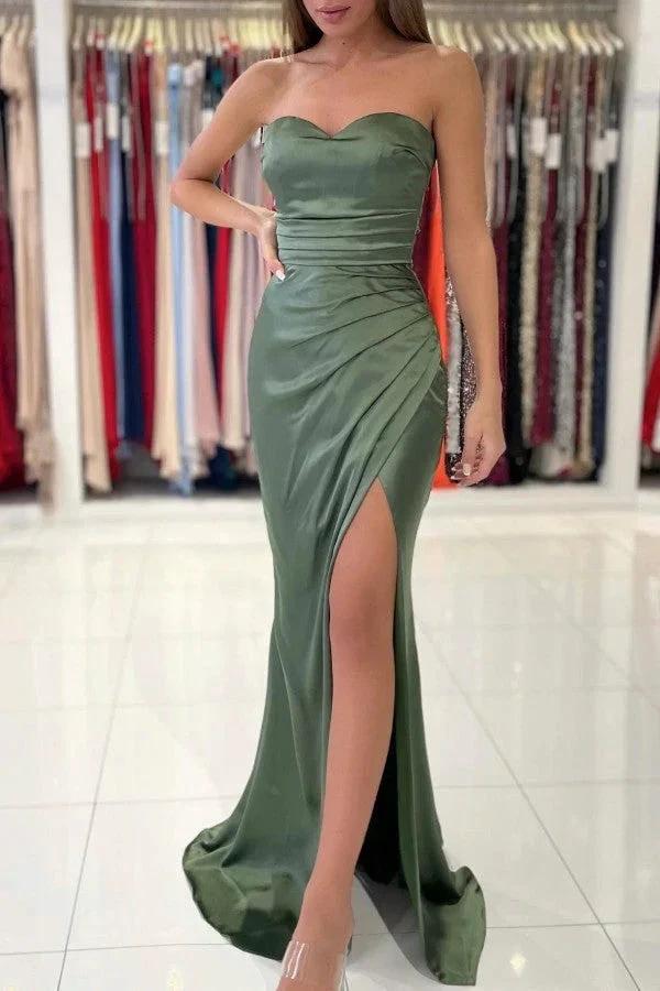 Long Sweetheart Stretch Satin Mermaid Prom Dresses with Slit by BIZTUNNEL