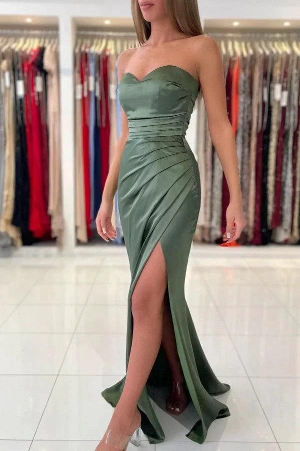 Long Sweetheart Stretch Satin Mermaid Prom Dresses with Slit by BIZTUNNEL
